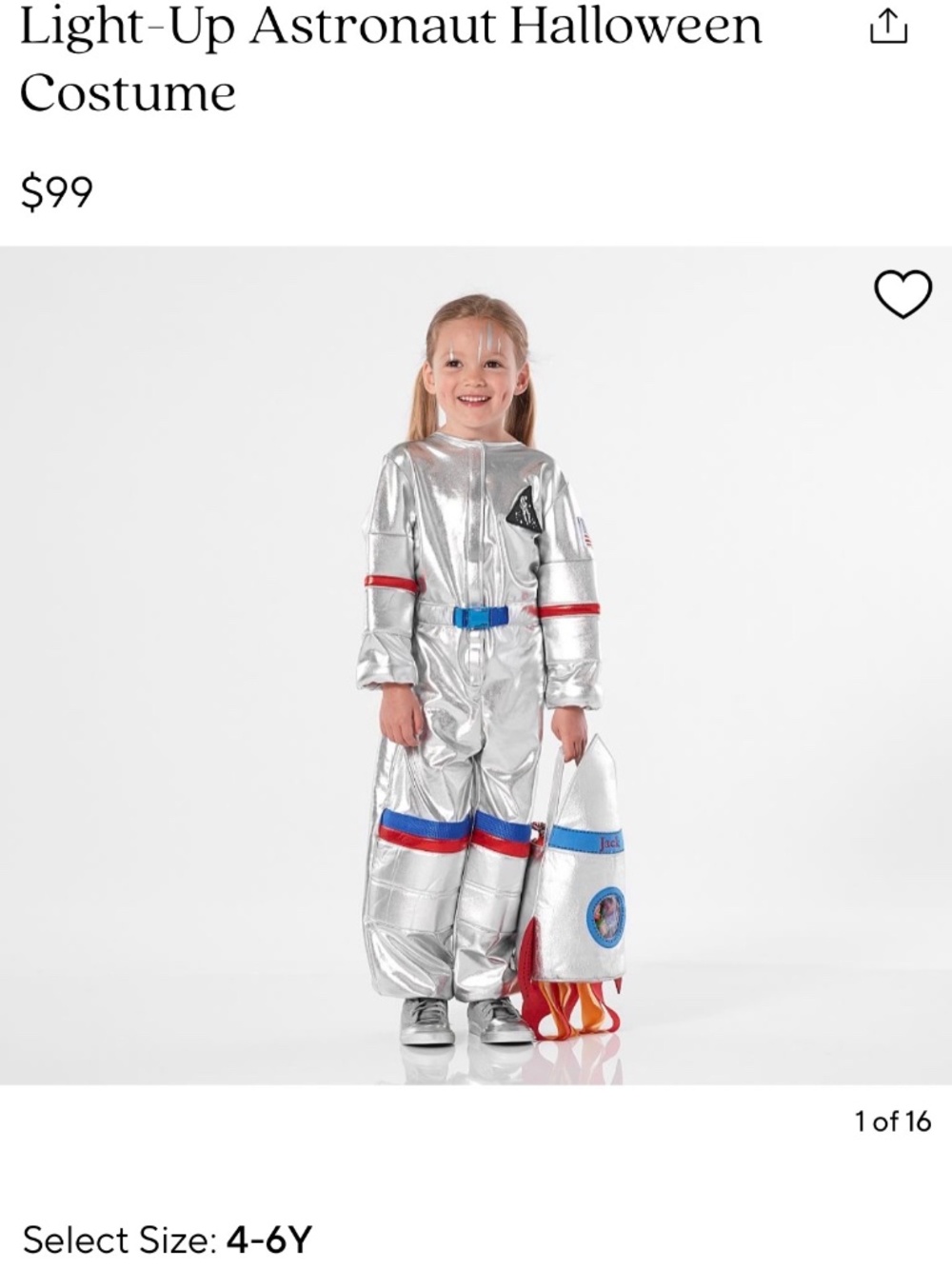 NWT pottery barn astronaut light up costume size 4-6